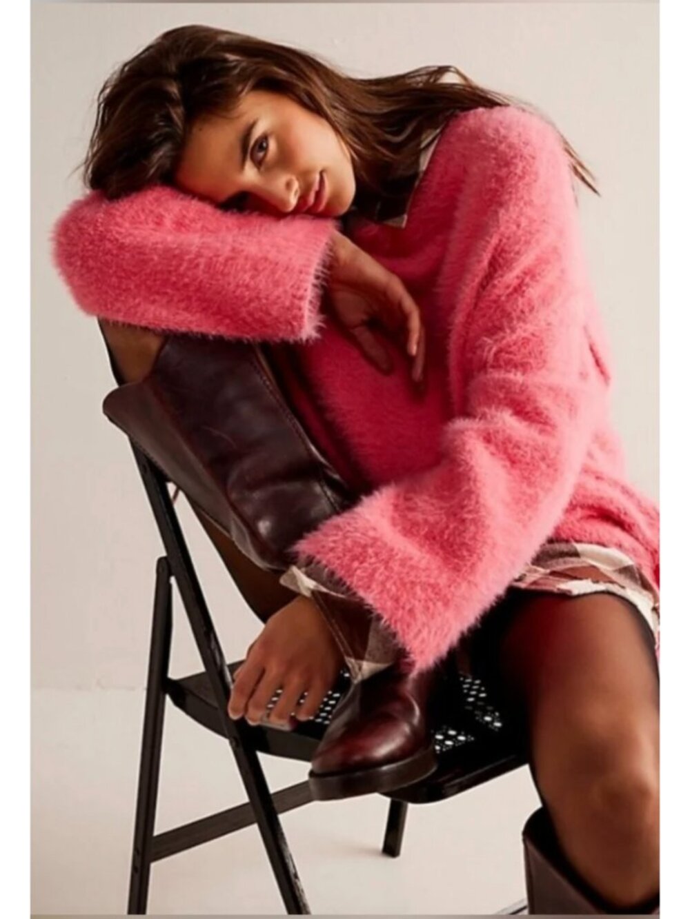 Free People Pink Harrison Bunny Knit Eyelash Fuzzy Chunky Oversized Sweater